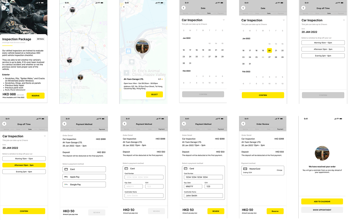 Lo-fi prototype showing early concept improvements for AutoMate booking flow